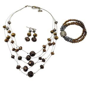 Gold Bronze Multi Strand Bead Necklace Matching Earrings Stretch Bracelet